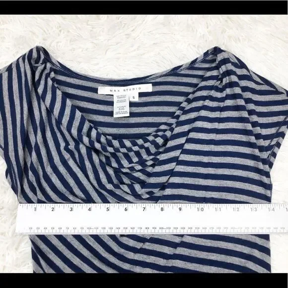 Max Studio Navy Blue Grey Striped Short Sleeve Cowl Neck Ruched Side Dress Small - Picture 5 of 7
